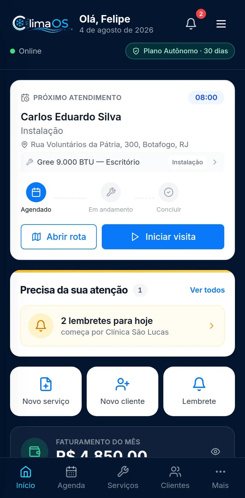 Tela inicial do app do ClimaOS: próximo atendimento com endereço e equipamento, alertas e faturamento do mês