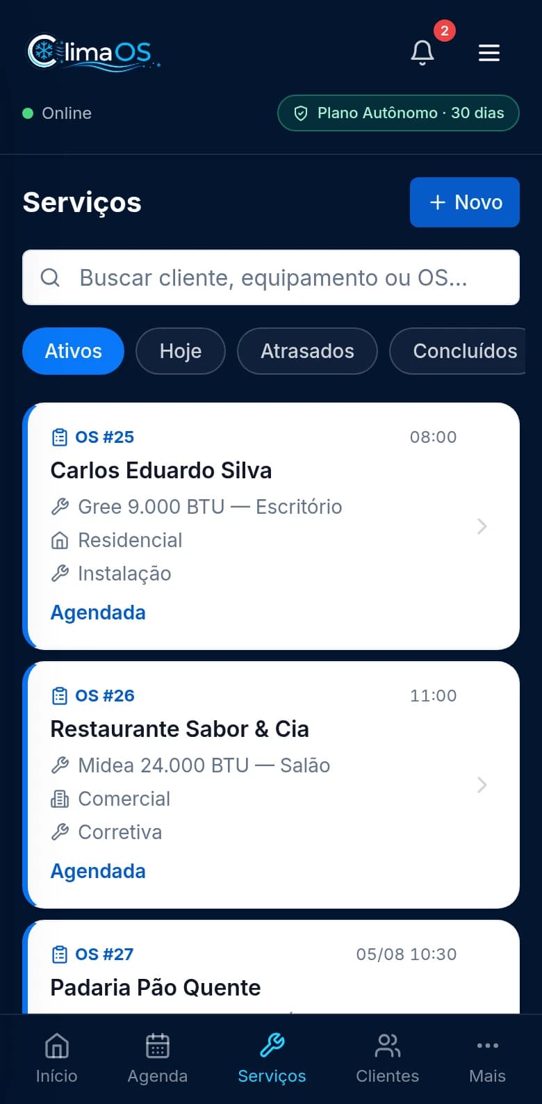 Lista de ordens de serviço concluídas no ClimaOS, com número da OS, equipamento e tipo de atendimento