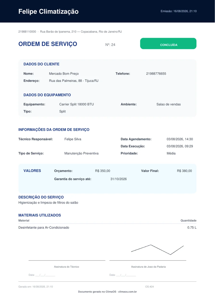 Ordem de serviço em PDF gerada pelo ClimaOS: cabeçalho com o nome do técnico, dados do cliente e do equipamento, valores, garantia, materiais e a assinatura do cliente