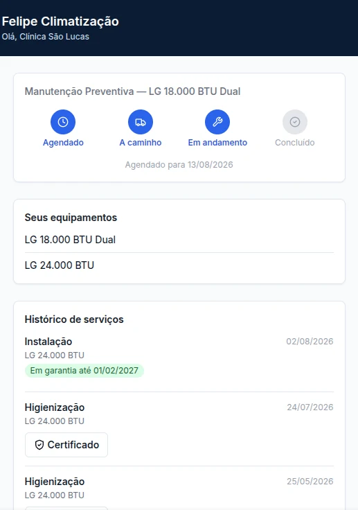 Portal do cliente do ClimaOS no navegador: andamento do serviço, lista de equipamentos e histórico com garantia e certificado