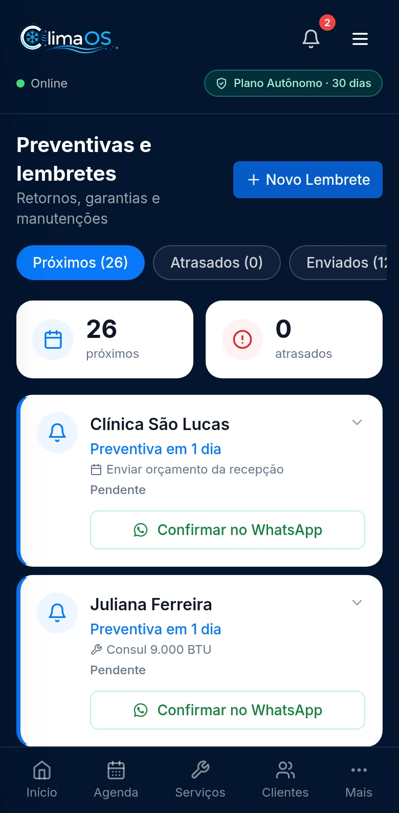 Tela de preventivas e lembretes do ClimaOS mostrando manutenção a vencer, garantia a vencer e confirmação por WhatsApp